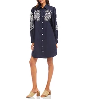 Karen Kane Cotton Poplin Embroidered Puff Sleeve Shirtdress