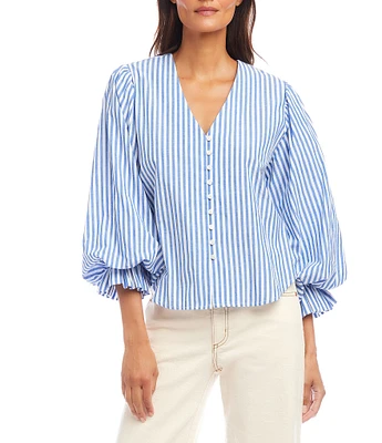 Karen Kane Cotton Stripe V-Neck 3/4 Puff Sleeve Button Front Blouse