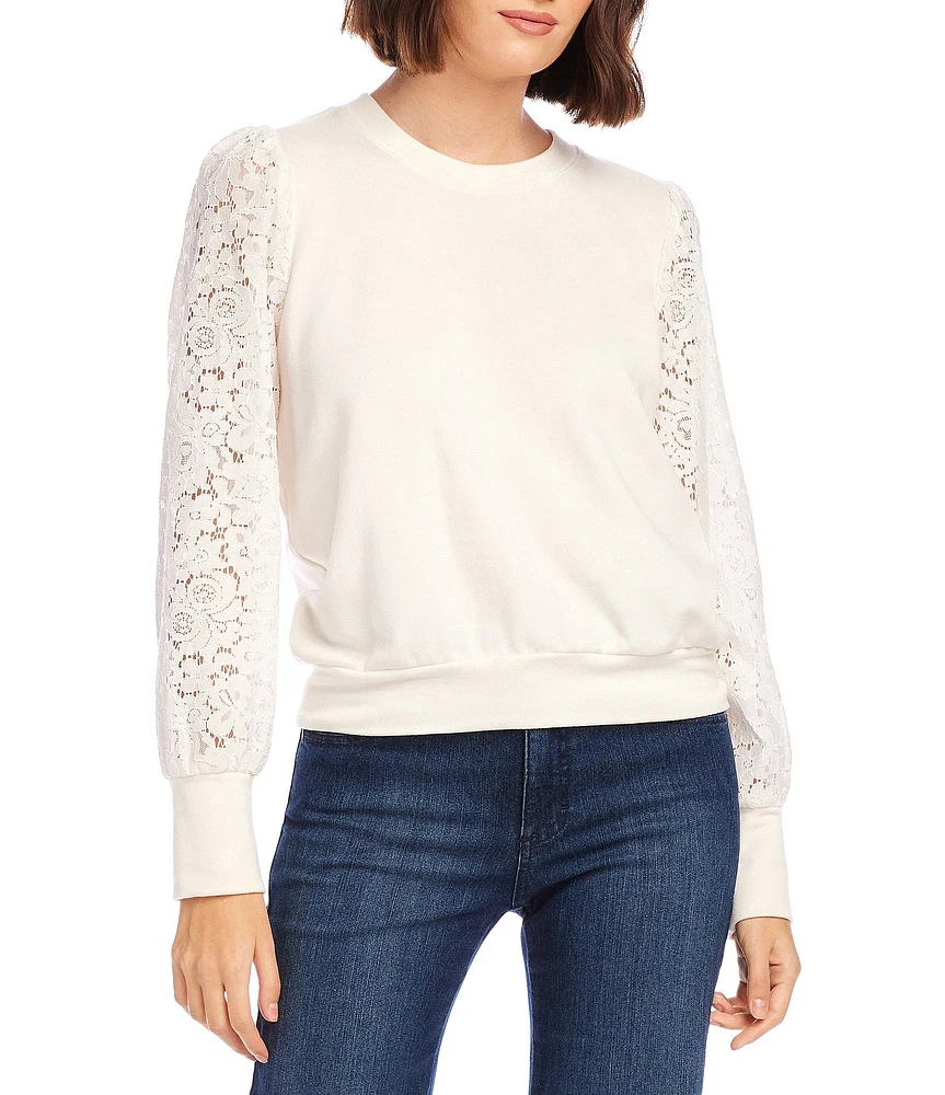 Karen Kane Crew Neck Long Contrast Lace Sleeve Top