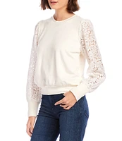 Karen Kane Crew Neck Long Contrast Lace Sleeve Top