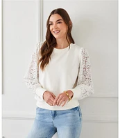 Karen Kane Crew Neck Long Contrast Lace Sleeve Top