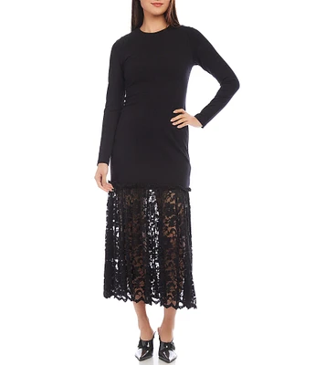 Karen Kane Crew Neck Long Sleeve Contrast Lace Hem Dress