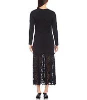 Karen Kane Crew Neck Long Sleeve Contrast Lace Hem Dress