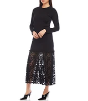 Karen Kane Crew Neck Long Sleeve Contrast Lace Hem Dress