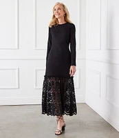 Karen Kane Crew Neck Long Sleeve Contrast Lace Hem Dress