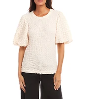 Karen Kane Crew Neck Short Bubble Puff Sleeve Textured Top