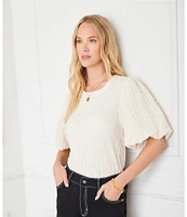 Karen Kane Crew Neck Short Bubble Puff Sleeve Textured Top