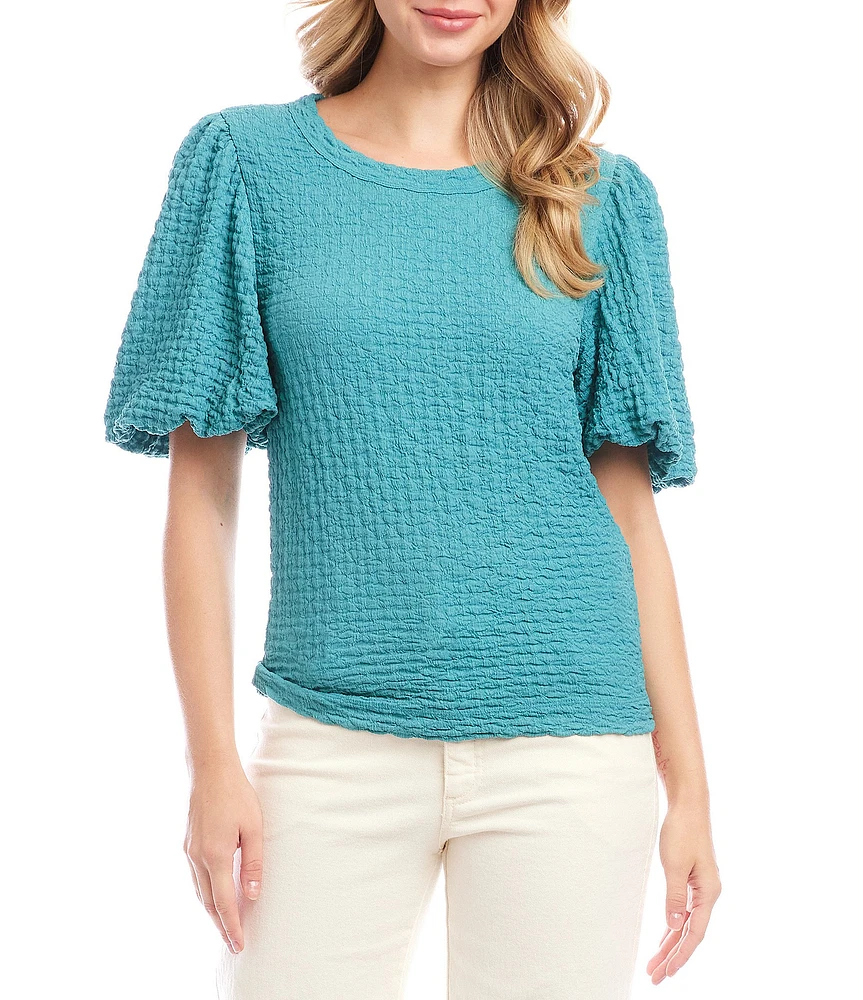 Karen Kane Crew Neck Short Bubble Puff Sleeve Textured Top