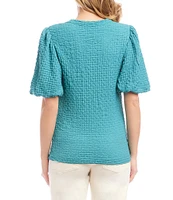 Karen Kane Crew Neck Short Bubble Puff Sleeve Textured Top