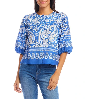 Karen Kane Crew Neck Short Sleeve Floral Paisley Printed Blouse