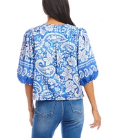 Karen Kane Crew Neck Short Sleeve Floral Paisley Printed Blouse