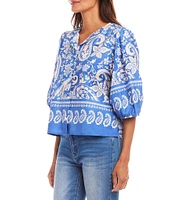 Karen Kane Crew Neck Short Sleeve Floral Paisley Printed Blouse