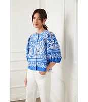 Karen Kane Crew Neck Short Sleeve Floral Paisley Printed Blouse
