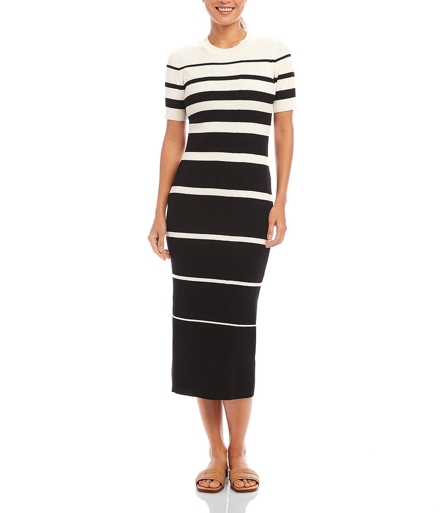 Karen Kane Crew Neck Short Sleeves Stripe Ribbed Sweater Midi Dress