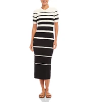Karen Kane Crew Neck Short Sleeves Stripe Ribbed Sweater Midi Dress