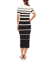 Karen Kane Crew Neck Short Sleeves Stripe Ribbed Sweater Midi Dress