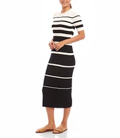 Karen Kane Crew Neck Short Sleeves Stripe Ribbed Sweater Midi Dress