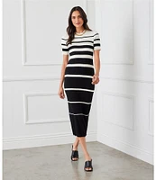 Karen Kane Crew Neck Short Sleeves Stripe Ribbed Sweater Midi Dress