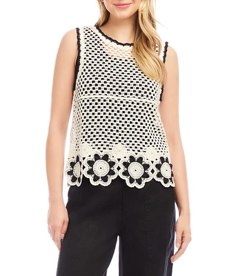 Karen Kane Crew Neck Sleeveless Floral Crochet Sweater