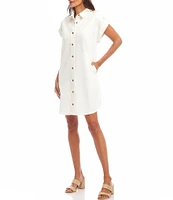 Karen Kane Denim Point Collar Cap Roll-Tab Sleeve Snap Front Shirt Dress
