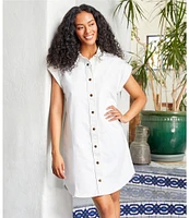 Karen Kane Denim Point Collar Cap Roll-Tab Sleeve Snap Front Shirt Dress
