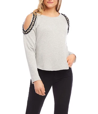 Karen Kane Embellished Crew Neck Cold Shoulder Long Sleeve Top