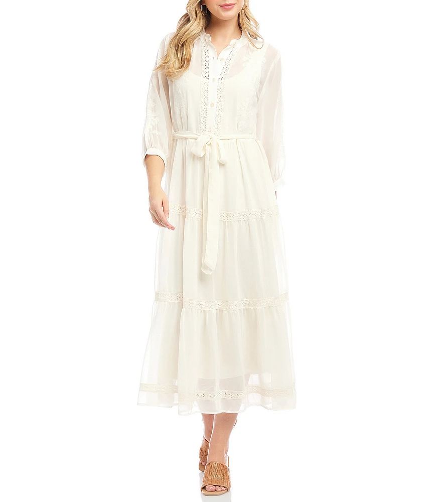 Karen Kane Embroidered Crew Neck 3/4 Bishop Cuffed Sleeve Belted Tiered Shirtdress
