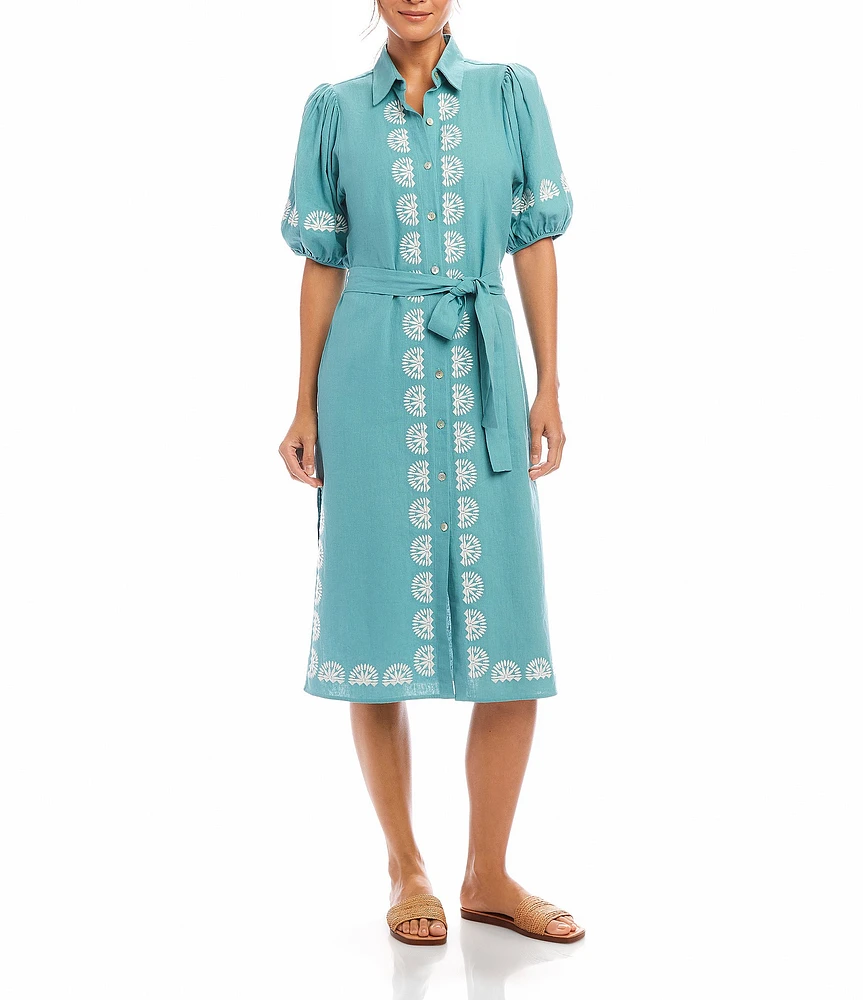 Karen Kane Embroidered Button Front Midi Shirt Dress