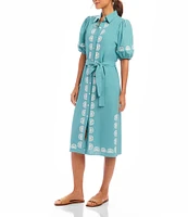 Karen Kane Embroidered Button Front Midi Shirt Dress