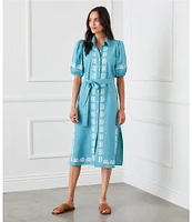 Karen Kane Embroidered Button Front Midi Shirt Dress