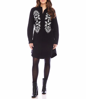 Karen Kane Embroidered Collared Split Neckline Long Sleeve Shirtdress