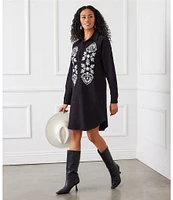 Karen Kane Embroidered Collared Split Neckline Long Sleeve Shirtdress