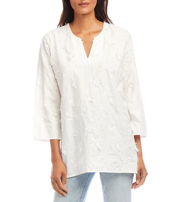 Karen Kane Embroidered Cotton Split V-Neck 3/4 Sleeve Tunic