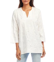 Karen Kane Embroidered Cotton Split V-Neck 3/4 Sleeve Tunic