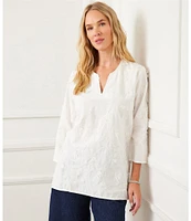 Karen Kane Embroidered Cotton Split V-Neck 3/4 Sleeve Tunic