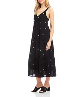 Karen Kane Embroidered Linen Blend V-Neck Sleeveless Midi Tiered Dress