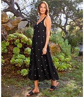 Karen Kane Embroidered Linen Blend V-Neck Sleeveless Midi Tiered Dress