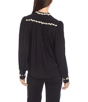 Karen Kane Embroidered Mandarin Collar Long Sleeve Blouse