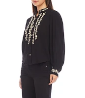 Karen Kane Embroidered Mandarin Collar Long Sleeve Blouse