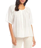 Karen Kane Embroidered Peasant Scoop Neck Short Puff Sleeve Top