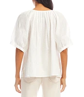 Karen Kane Embroidered Peasant Scoop Neck Short Puff Sleeve Top