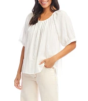 Karen Kane Embroidered Peasant Scoop Neck Short Puff Sleeve Top