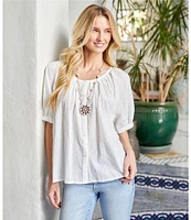 Karen Kane Embroidered Peasant Scoop Neck Short Puff Sleeve Top