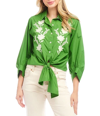 Karen Kane Embroidered Point Collar 3/4 Blouson Sleeve Tie-Front Top