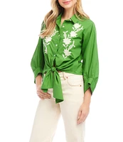Karen Kane Embroidered Point Collar 3/4 Blouson Sleeve Tie-Front Top