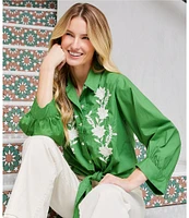 Karen Kane Embroidered Point Collar 3/4 Blouson Sleeve Tie-Front Top
