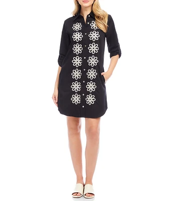 Karen Kane Embroidered Point Collar 3/4 Roll-Tab Sleeve Button Front Shirtdress