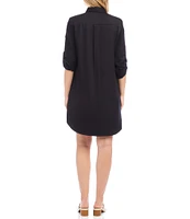 Karen Kane Embroidered Point Collar 3/4 Roll-Tab Sleeve Button Front Shirtdress