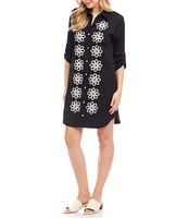 Karen Kane Embroidered Point Collar 3/4 Roll-Tab Sleeve Button Front Shirtdress