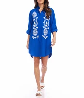 Karen Kane Embroidered Point Collar Roll-Tab Sleeves Button Front Shirt Dress